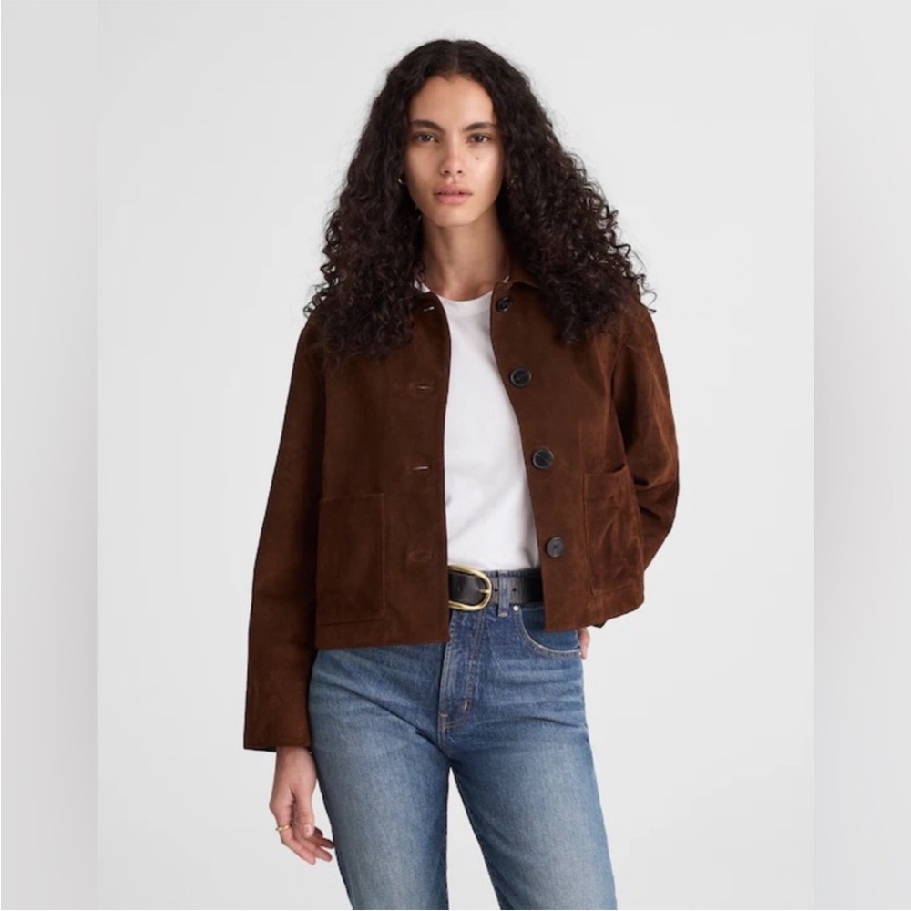 New Madewell Boxy-Crop Jacket In Dark Roast Suede Nw087 $525 Size Xxs Oversized